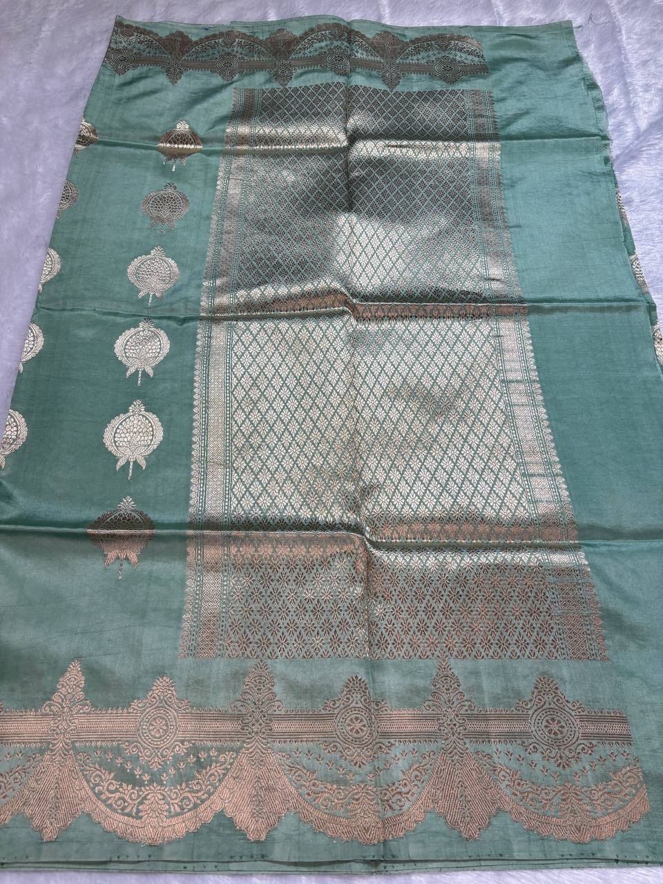 Katan Silk Saree – Patina Seafoam with Antique Silver-Gold Anaar Motifs
