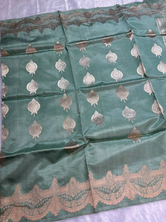 Katan Silk Saree – Patina Seafoam with Antique Silver-Gold Anaar Motifs