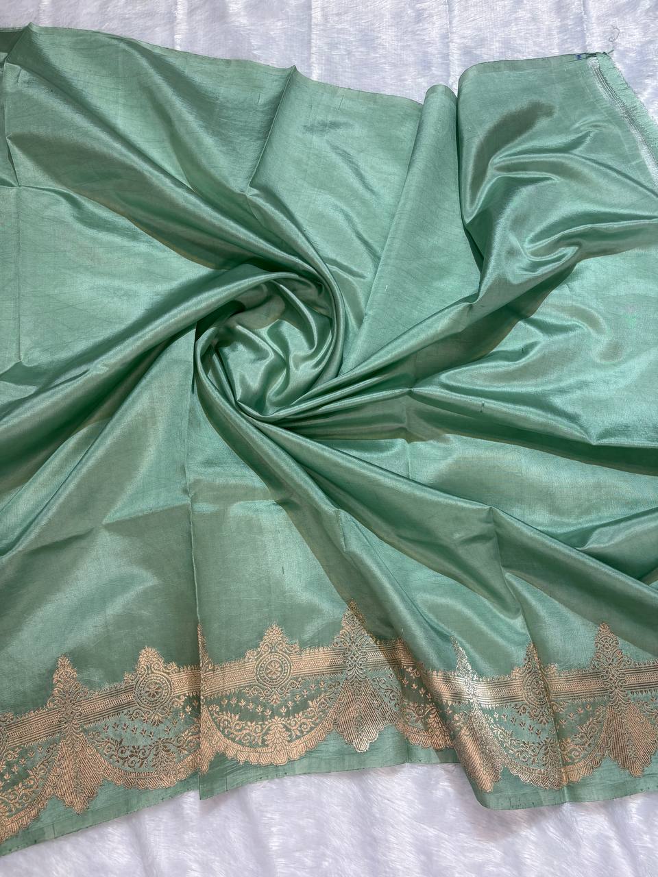 Katan Silk Saree – Patina Seafoam with Antique Silver-Gold Anaar Motifs