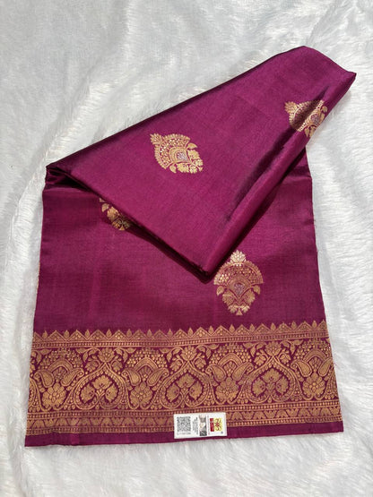 Katan Silk Saree – Rich Plum Wine with Antique Rose-Gold Zari Kadhua Motifs