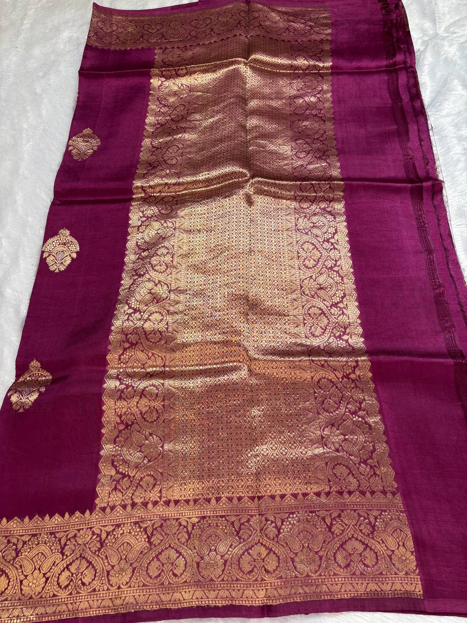 Katan Silk Saree – Rich Plum Wine with Antique Rose-Gold Zari Kadhua Motifs