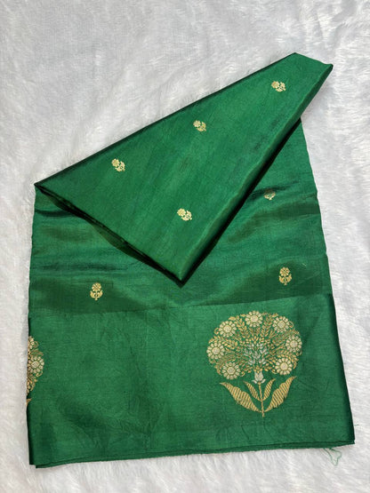 Katan Silk Saree – Emerald Green with Antique Gold Floral Tree Medallions