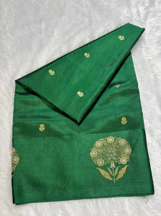Katan Silk Saree – Emerald Green with Antique Gold Floral Tree Medallions