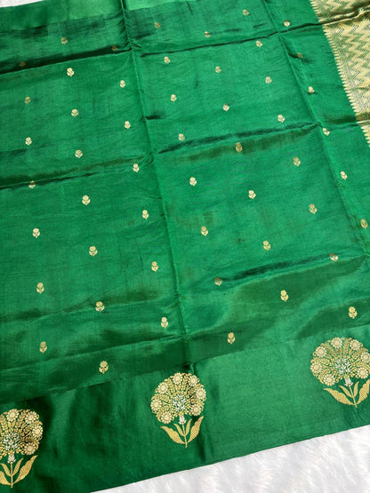 Katan Silk Saree – Emerald Green with Antique Gold Floral Tree Medallions