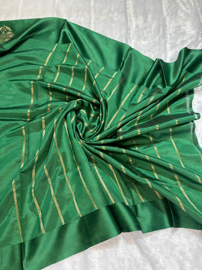 Katan Silk Saree – Emerald Green with Antique Gold Floral Tree Medallions