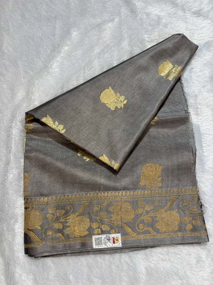 Katan Silk Saree – Charcoal Pewter with Antique Gold Rose Kadhua Butis