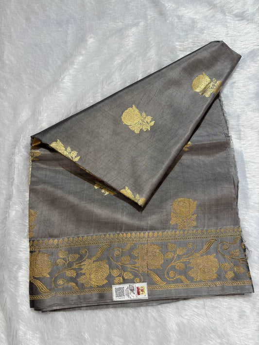 Katan Silk Saree – Charcoal Pewter with Antique Gold Rose Kadhua Butis