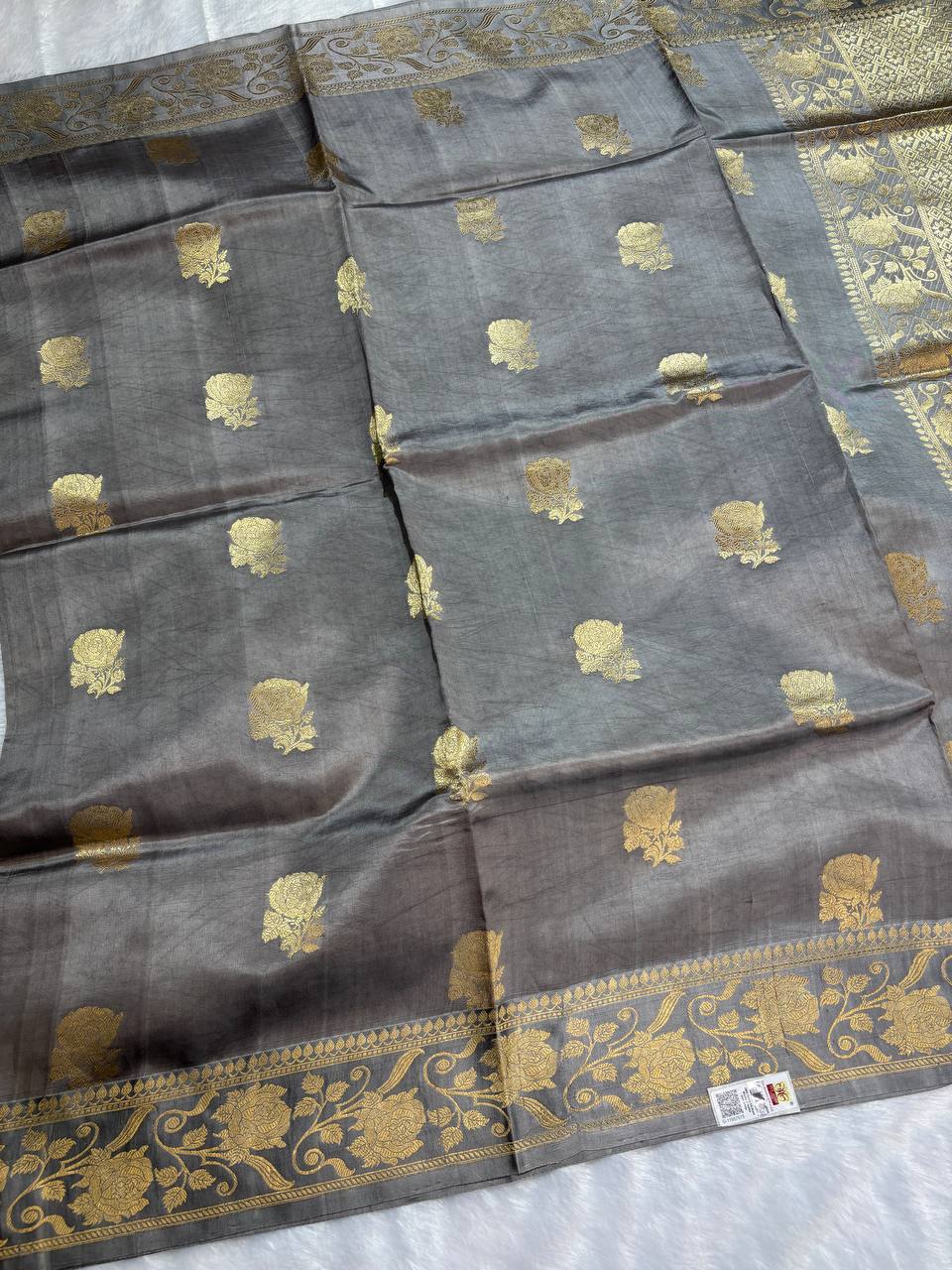 Katan Silk Saree – Charcoal Pewter with Antique Gold Rose Kadhua Butis