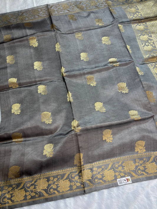 Katan Silk Saree – Charcoal Pewter with Antique Gold Rose Kadhua Butis