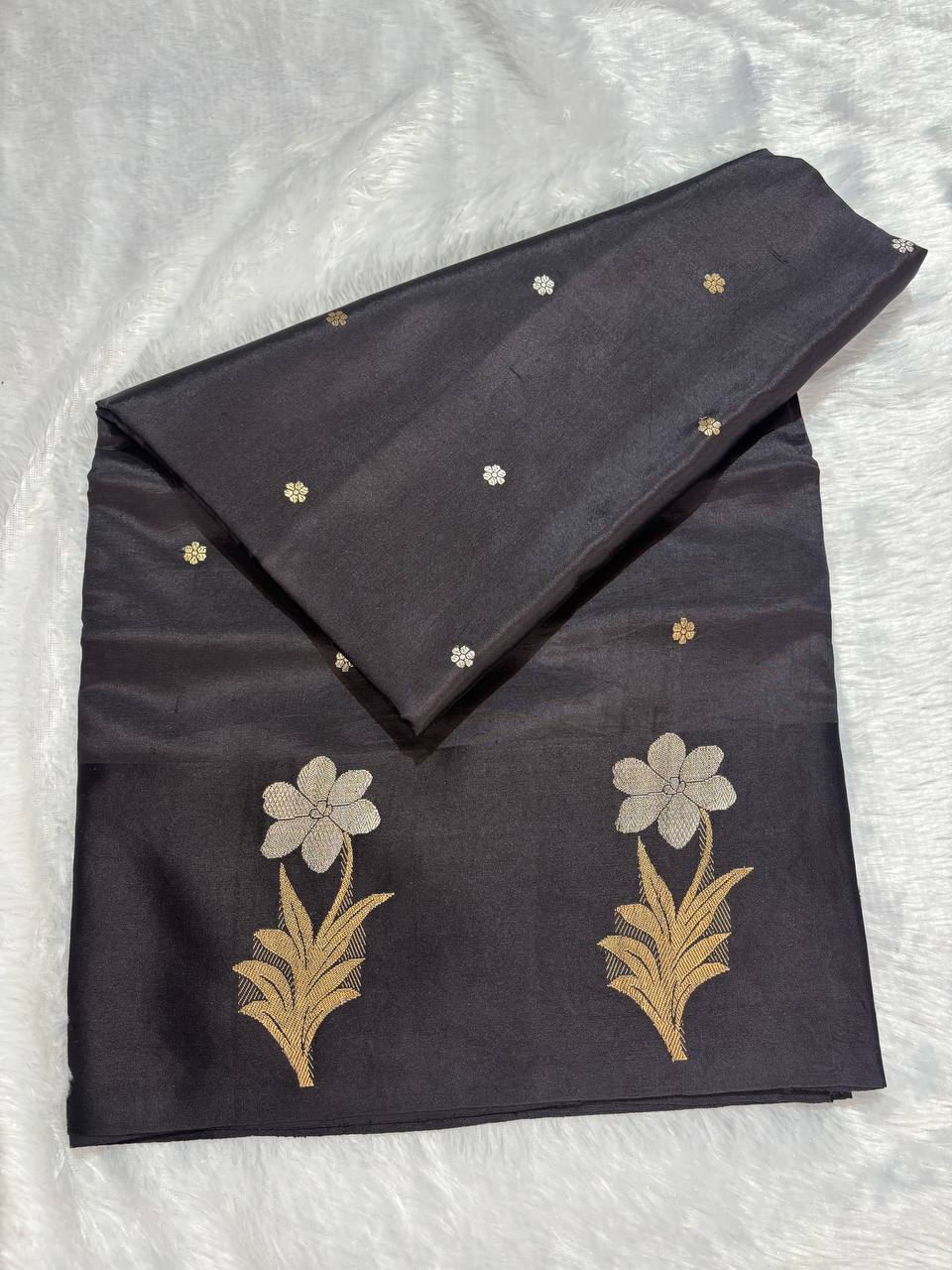 Katan Silk Saree – Obsidian Black with Sona Rupa Kadhua Jasmine Sprigs