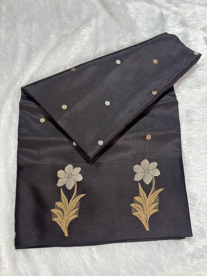 Katan Silk Saree – Obsidian Black with Sona Rupa Kadhua Jasmine Sprigs