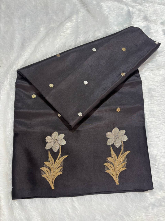 Katan Silk Saree – Obsidian Black with Sona Rupa Kadhua Jasmine Sprigs