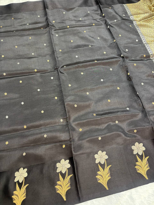 Katan Silk Saree – Obsidian Black with Sona Rupa Kadhua Jasmine Sprigs