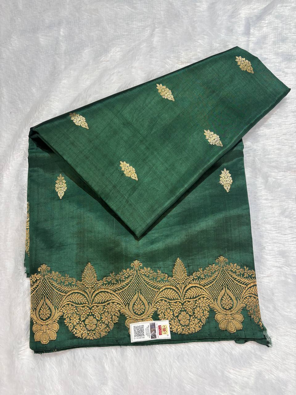 Katan Silk Saree – Deep Forest Jade with Antique Gold Kadhua Paan Butis