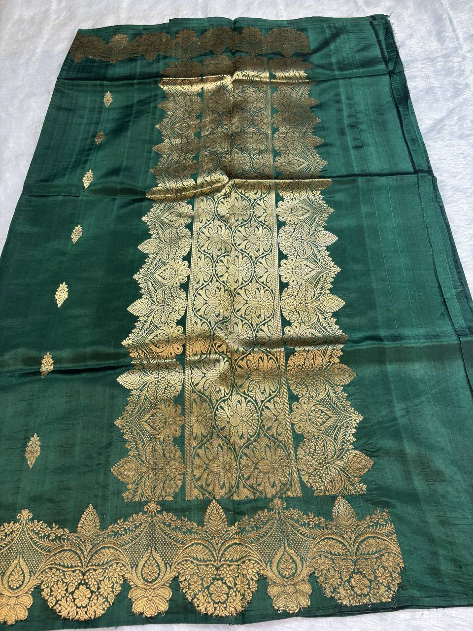 Katan Silk Saree – Deep Forest Jade with Antique Gold Kadhua Paan Butis