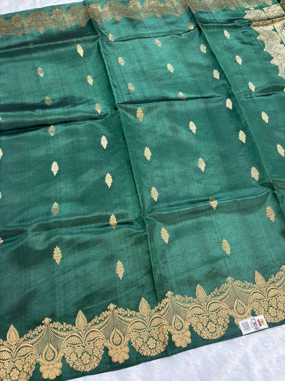 Katan Silk Saree – Deep Forest Jade with Antique Gold Kadhua Paan Butis
