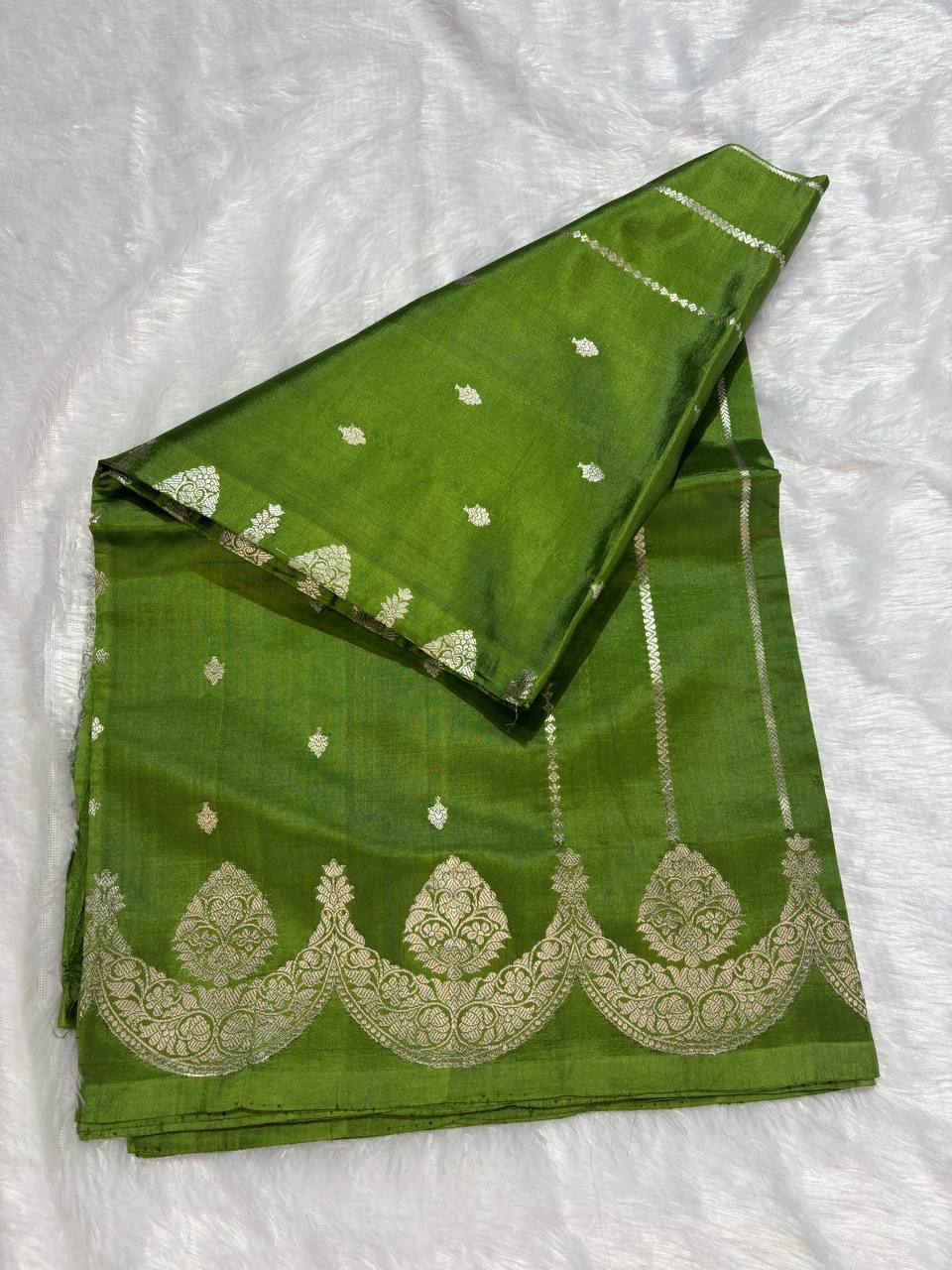 Katan Silk Saree – Parakeet Green with Sterling Silver Kadhua Arch Medallions