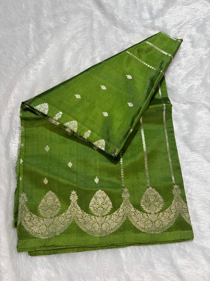 Katan Silk Saree – Parakeet Green with Sterling Silver Kadhua Arch Medallions