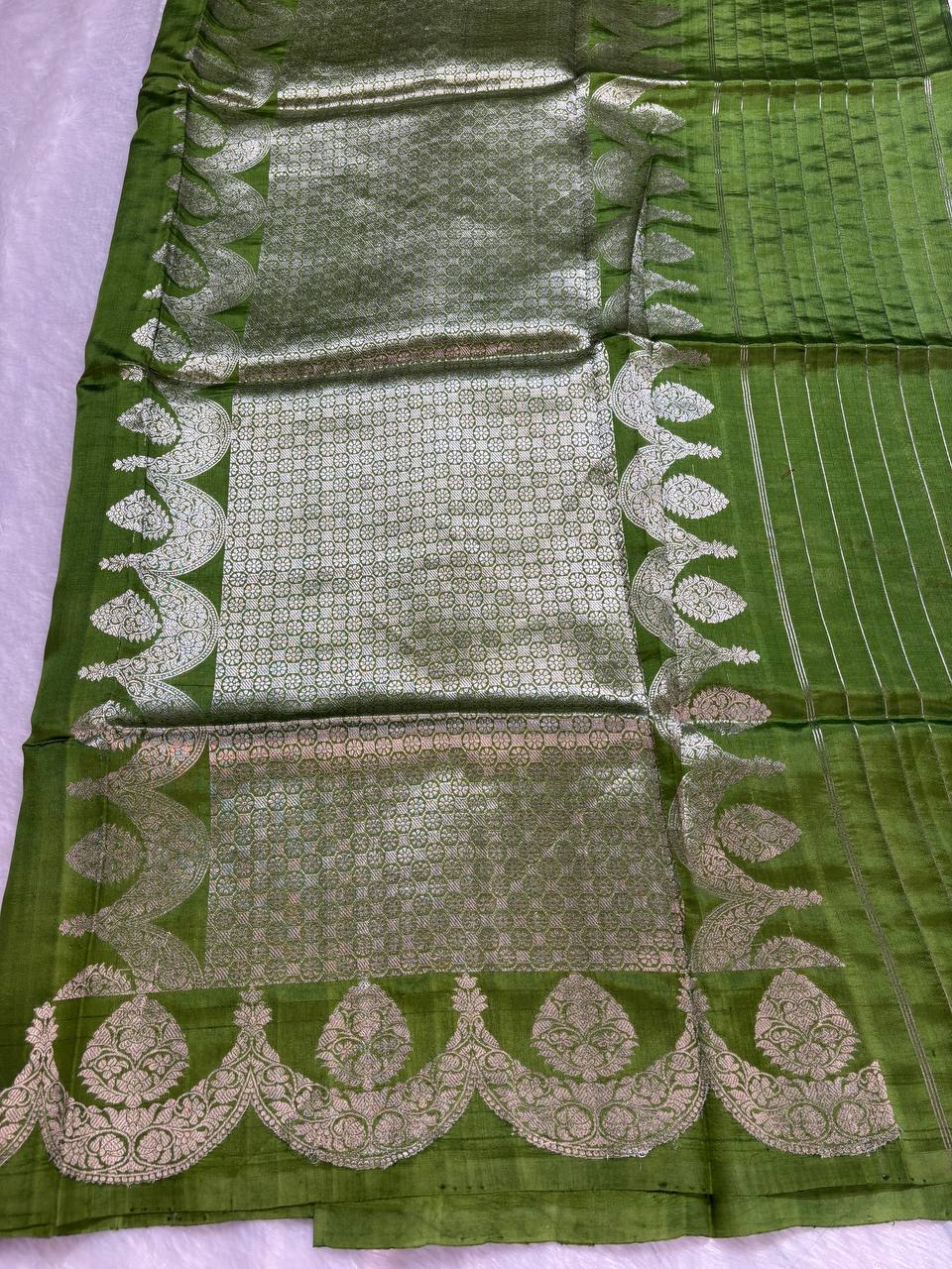 Katan Silk Saree – Parakeet Green with Sterling Silver Kadhua Arch Medallions