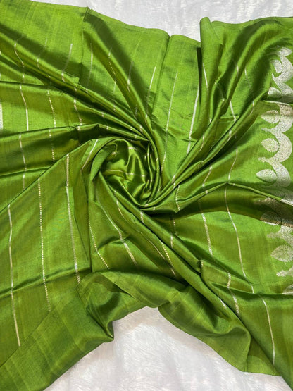 Katan Silk Saree – Parakeet Green with Sterling Silver Kadhua Arch Medallions
