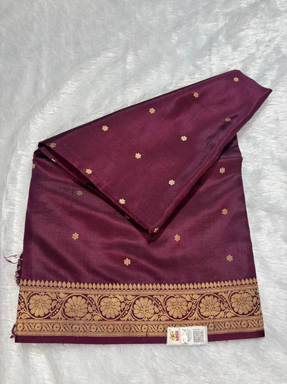 Katan Silk Saree – Deep Mulberry Wine with Antique Gold Lotus Bloom Border