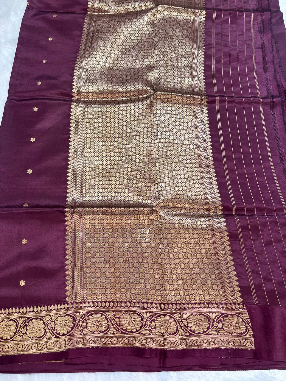Katan Silk Saree – Deep Mulberry Wine with Antique Gold Lotus Bloom Border