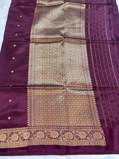 Katan Silk Saree – Deep Mulberry Wine with Antique Gold Lotus Bloom Border