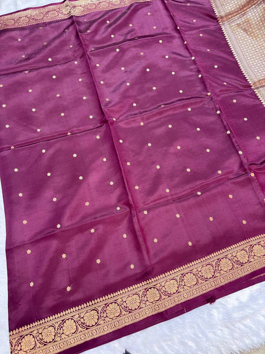 Katan Silk Saree – Deep Mulberry Wine with Antique Gold Lotus Bloom Border