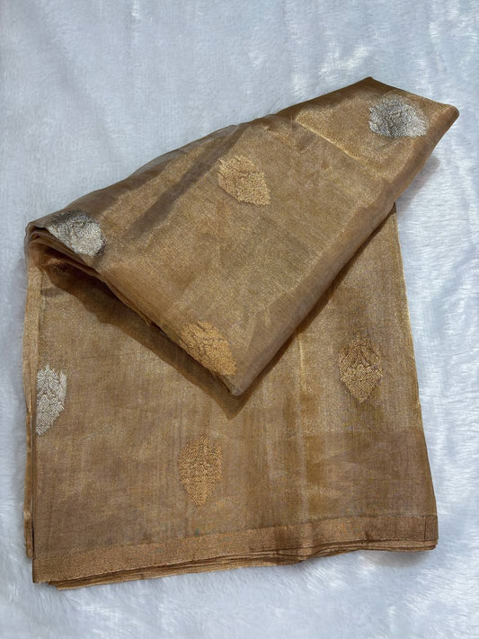 Elegant Metallic Rose Gold Tissue Silk Saree with Sona Chandi Buta and Paisley Pallu