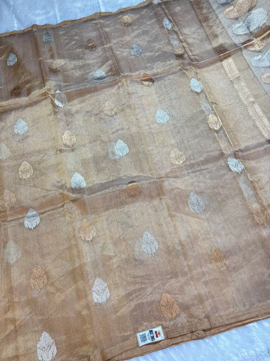 Elegant Metallic Rose Gold Tissue Silk Saree with Sona Chandi Buta and Paisley Pallu