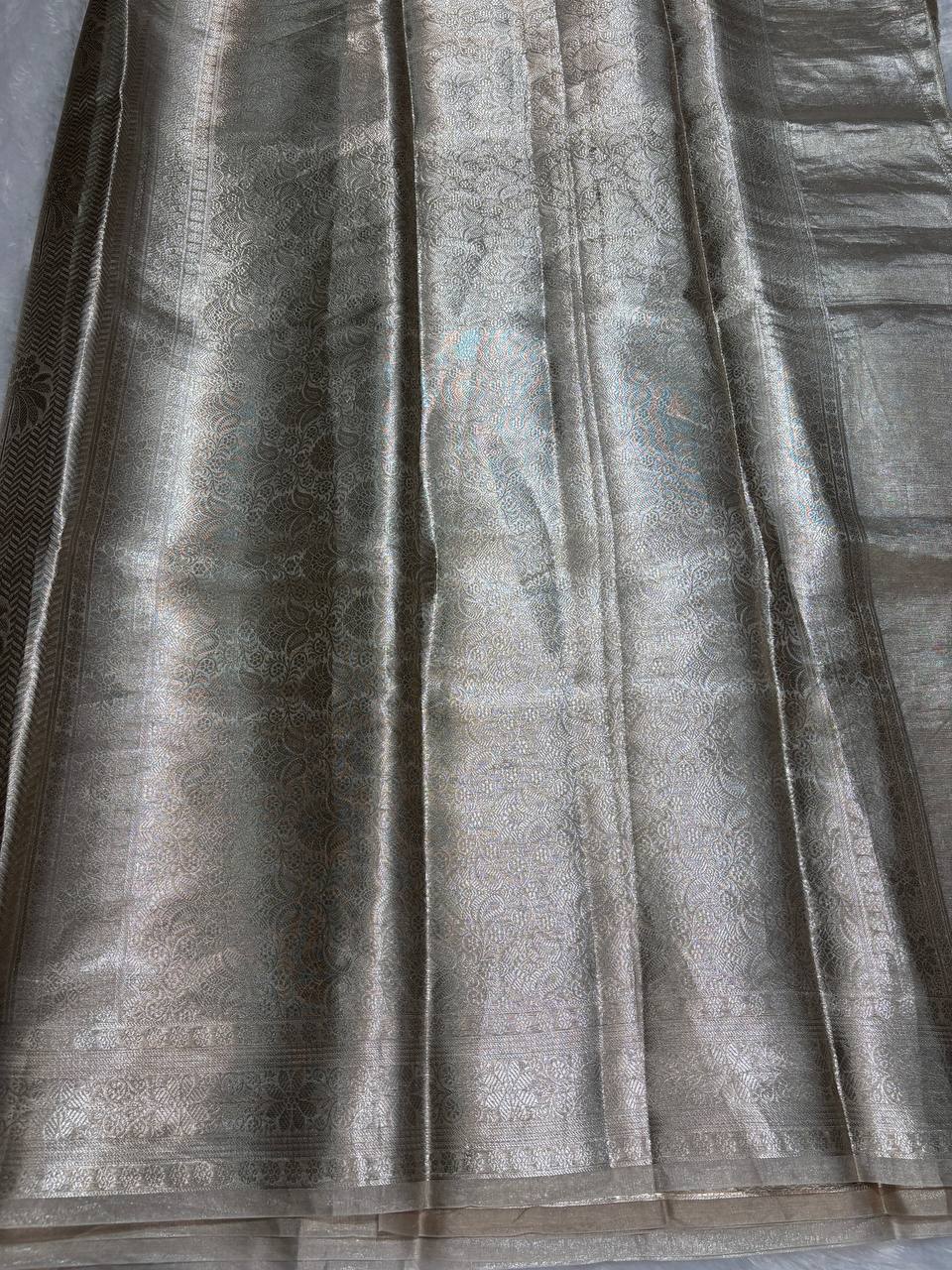 Exquisite Champagne Gold Banarasi Tissue Silk Saree with All-Over Jaal and Chevron Border