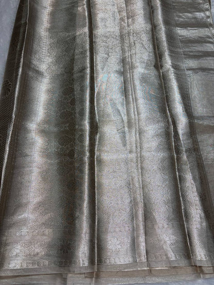 Exquisite Champagne Gold Banarasi Tissue Silk Saree with All-Over Jaal and Chevron Border