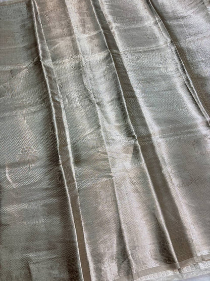 Exquisite Champagne Gold Banarasi Tissue Silk Saree with All-Over Jaal and Chevron Border