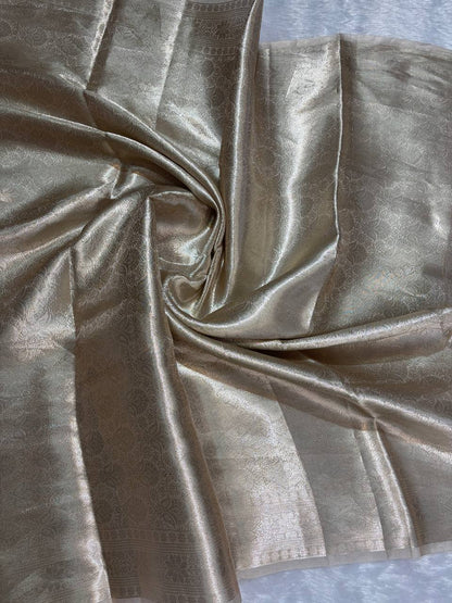 Exquisite Champagne Gold Banarasi Tissue Silk Saree with All-Over Jaal and Chevron Border