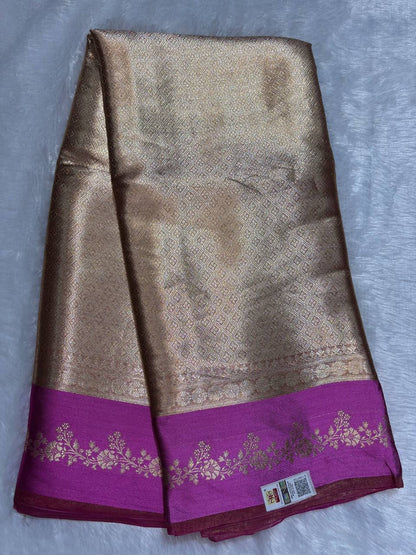 Regal Antique Gold Banarasi Tissue Silk Saree with Rani Pink Borders and Nakshi Pallu
