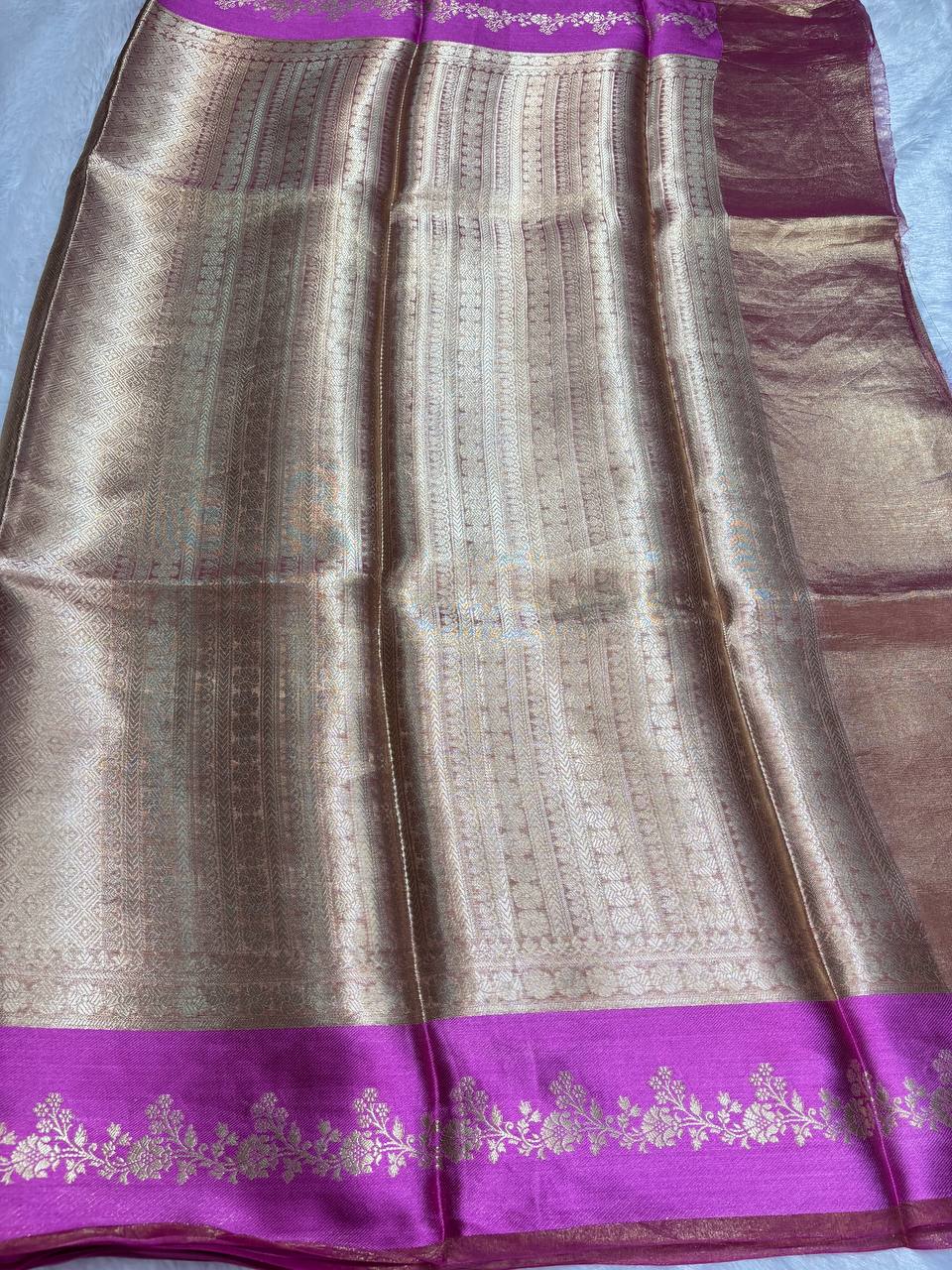 Regal Antique Gold Banarasi Tissue Silk Saree with Rani Pink Borders and Nakshi Pallu