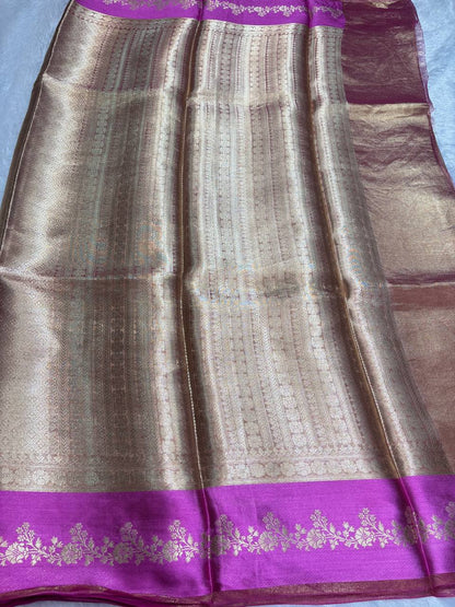 Regal Antique Gold Banarasi Tissue Silk Saree with Rani Pink Borders and Nakshi Pallu