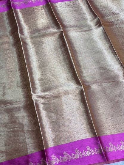 Regal Antique Gold Banarasi Tissue Silk Saree with Rani Pink Borders and Nakshi Pallu