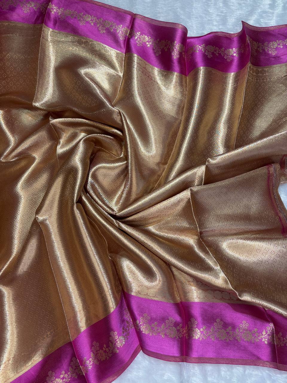 Regal Antique Gold Banarasi Tissue Silk Saree with Rani Pink Borders and Nakshi Pallu
