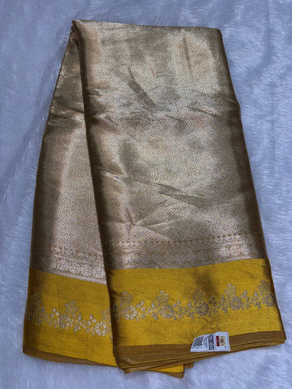 Radiant Antique Gold Banarasi Tissue Silk Saree with Mustard Yellow Borders and Nakshi Pallu
