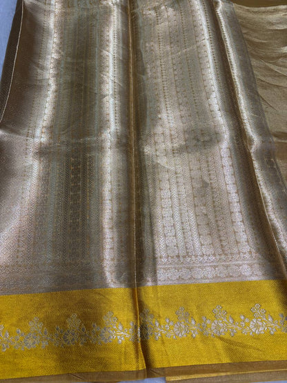 Radiant Antique Gold Banarasi Tissue Silk Saree with Mustard Yellow Borders and Nakshi Pallu