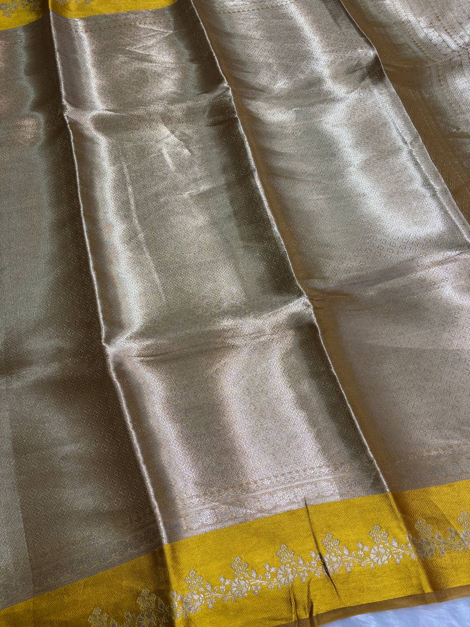 Radiant Antique Gold Banarasi Tissue Silk Saree with Mustard Yellow Borders and Nakshi Pallu