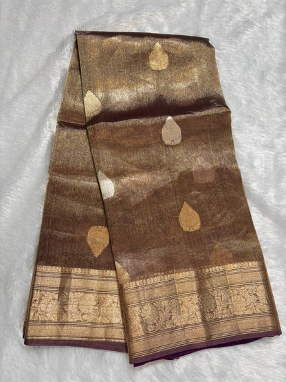Exquisite Dark Wine Tissue Silk Saree with Sona Chandi Leaf Buta and Stripe Blouse