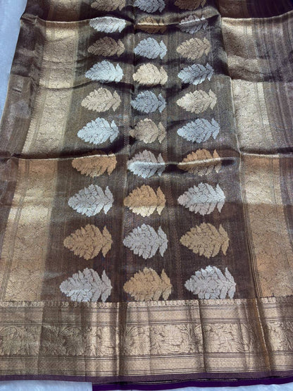 Exquisite Dark Wine Tissue Silk Saree with Sona Chandi Leaf Buta and Stripe Blouse