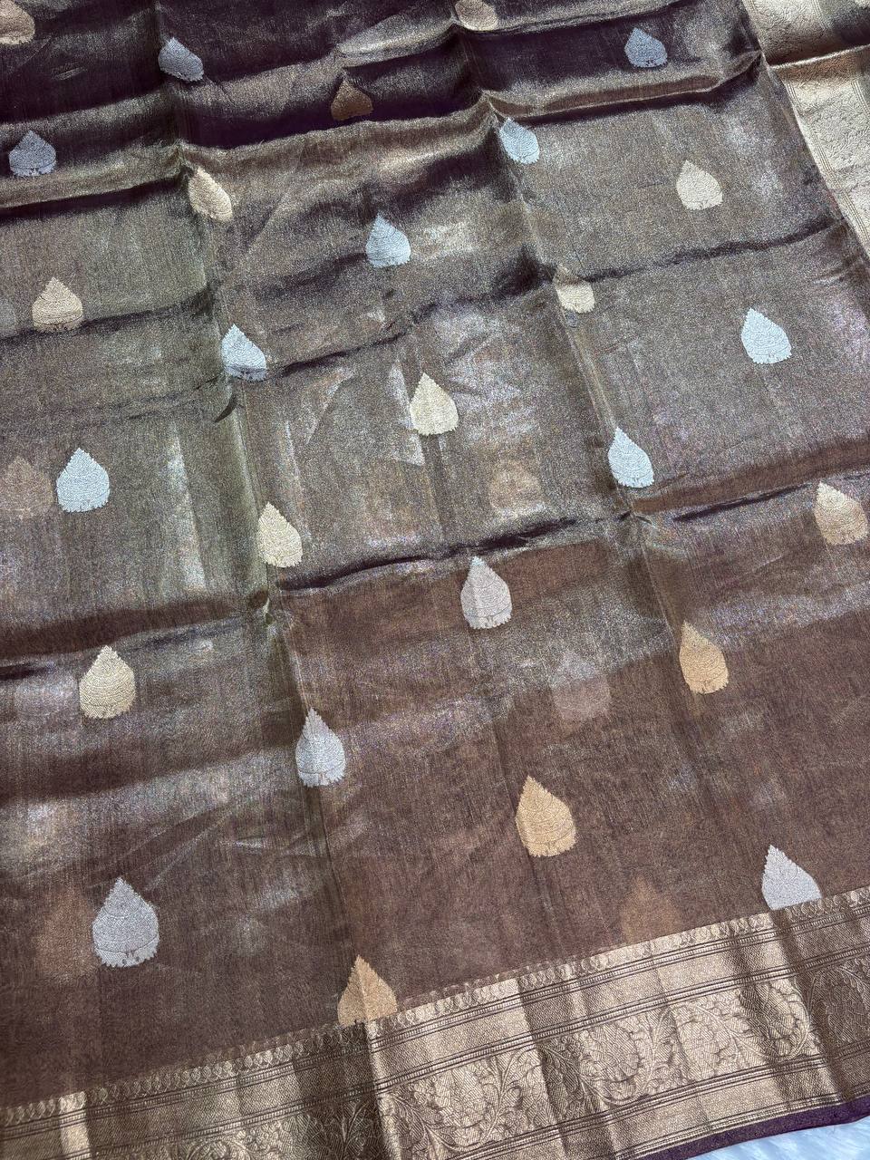 Exquisite Dark Wine Tissue Silk Saree with Sona Chandi Leaf Buta and Stripe Blouse