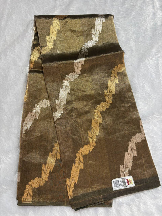 Exquisite Olive Bronze Banarasi Tissue Silk Saree with Sona Chandi Leheriya Floral Bel and Stripe Blouse