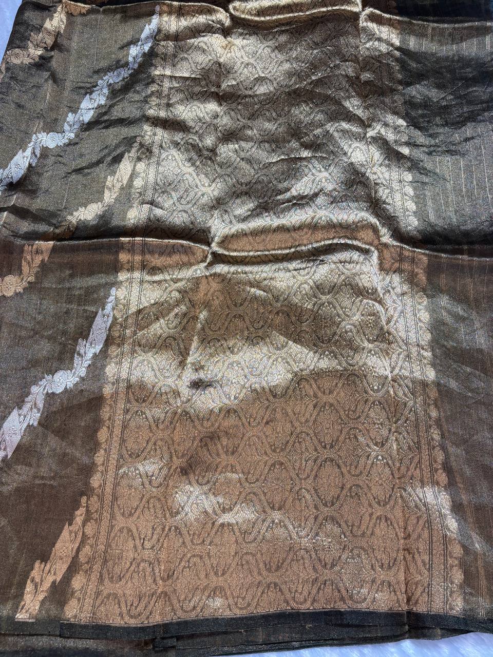 Exquisite Olive Bronze Banarasi Tissue Silk Saree with Sona Chandi Leheriya Floral Bel and Stripe Blouse