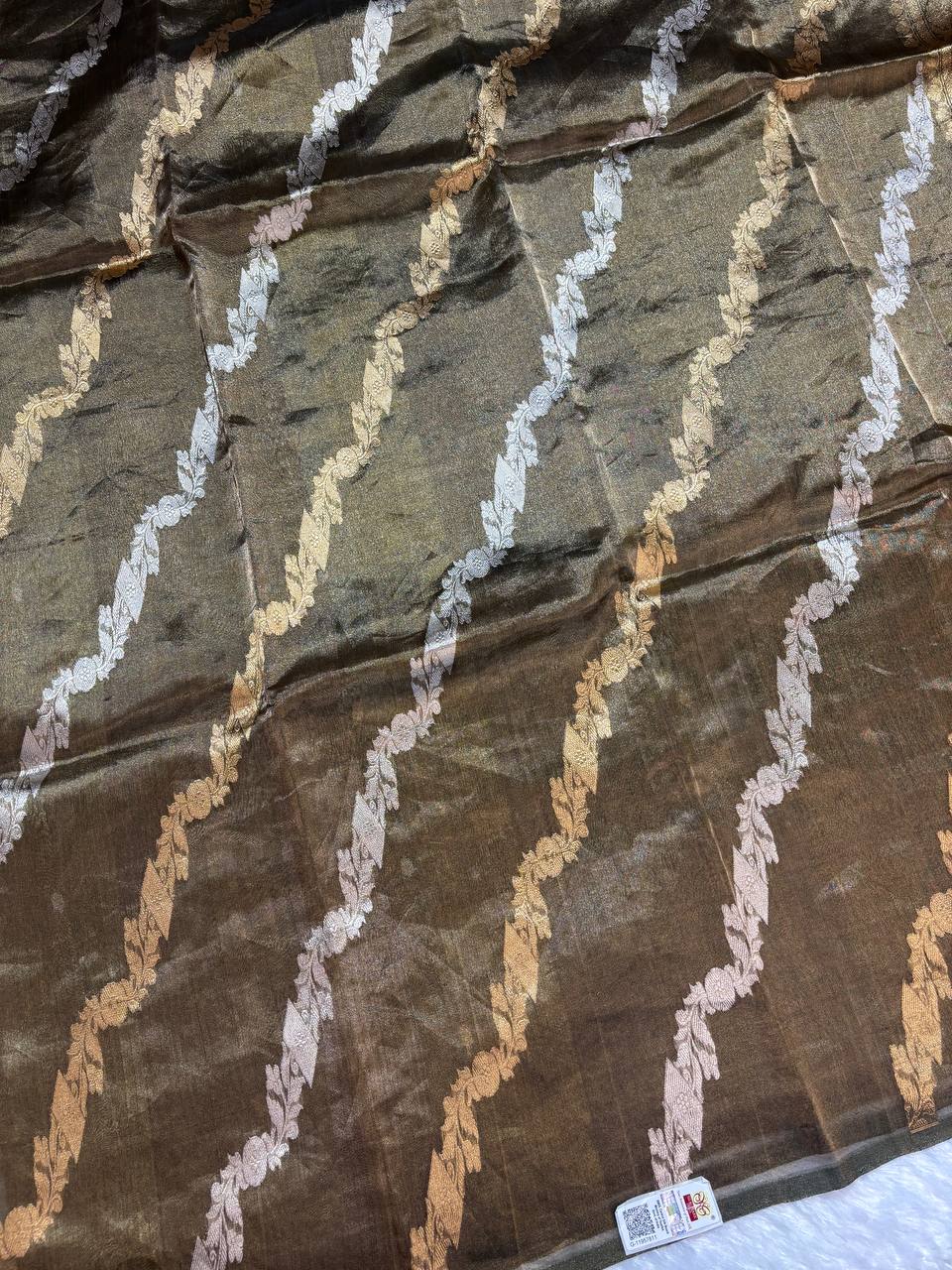 Exquisite Olive Bronze Banarasi Tissue Silk Saree with Sona Chandi Leheriya Floral Bel and Stripe Blouse