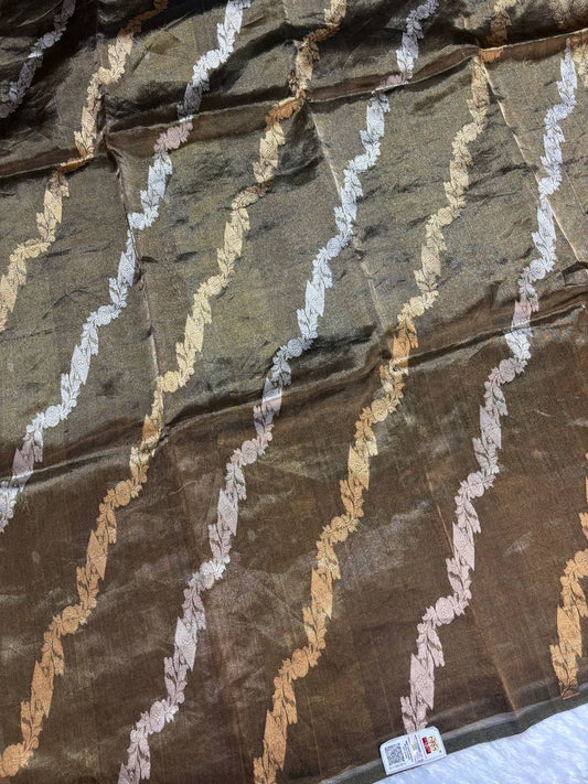Exquisite Olive Bronze Banarasi Tissue Silk Saree with Sona Chandi Leheriya Floral Bel and Stripe Blouse