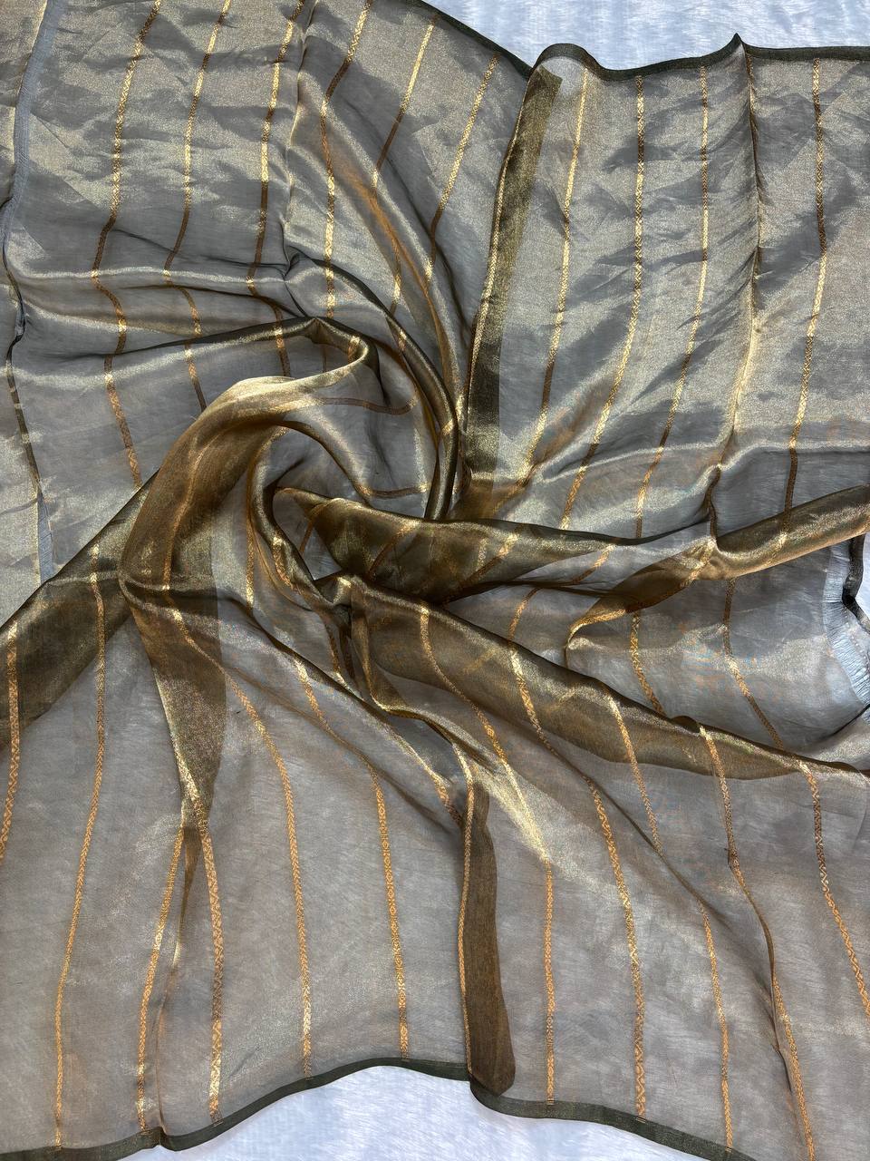 Exquisite Olive Bronze Banarasi Tissue Silk Saree with Sona Chandi Leheriya Floral Bel and Stripe Blouse